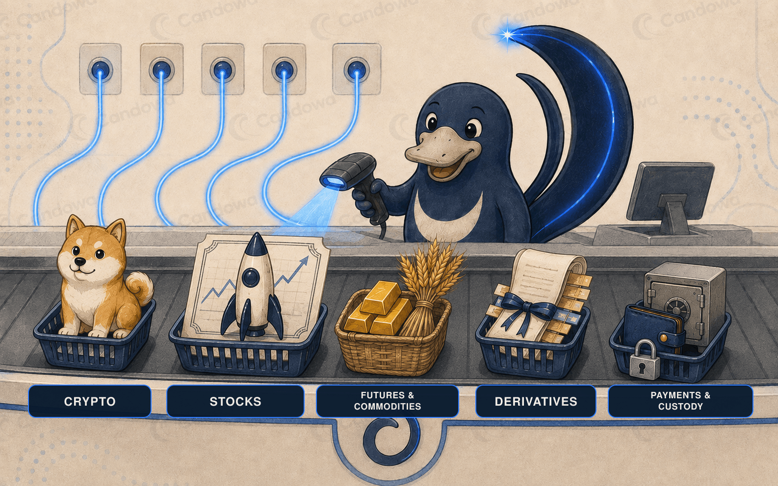 Candowa’s platypus mascot scans five baskets representing crypto, stocks, futures and commodities, derivatives, and payments and custody, with separate blue connections illustrating the different providers behind one unified exchange.