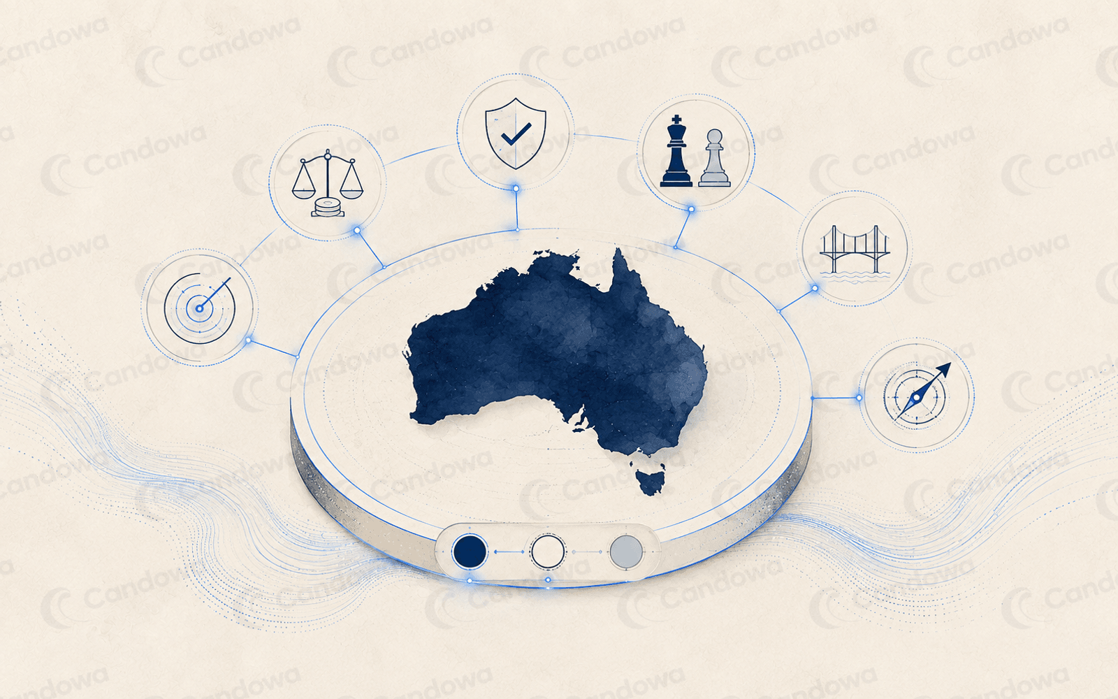 Candowa illustration showing a navy watercolour map of Australia on a market assessment platform, surrounded by six connected icons representing demand, commercial viability, regulation, competition, localisation and long-term strategic value.